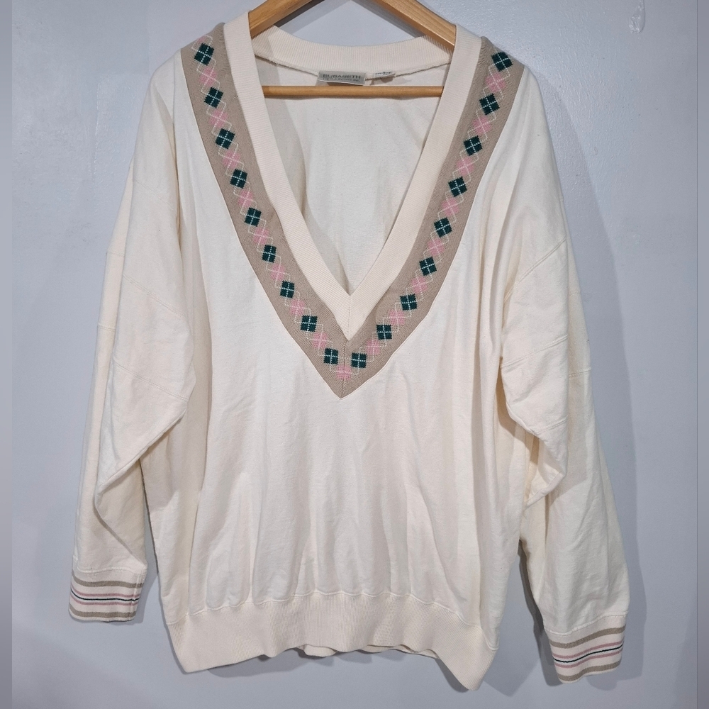 VTG Liz Claiborne Golf Sweater Knit Sz 3X Graphic V-Neck Beige Cotton Old Money